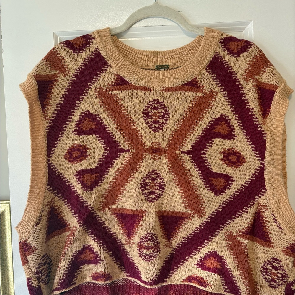 Free People Red and Tan Crew Neck Sweater with Geometric Patterns